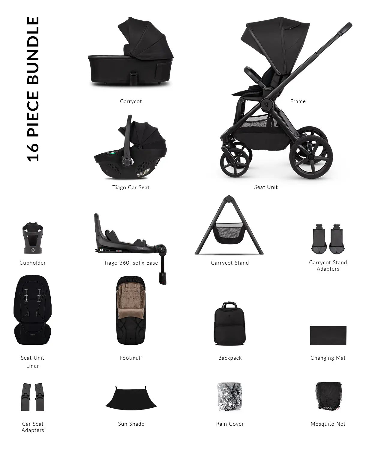 Venicci Upline 3 Onyx Pram Ultimate Bundle 4 in 1 Plus - Tiago Black