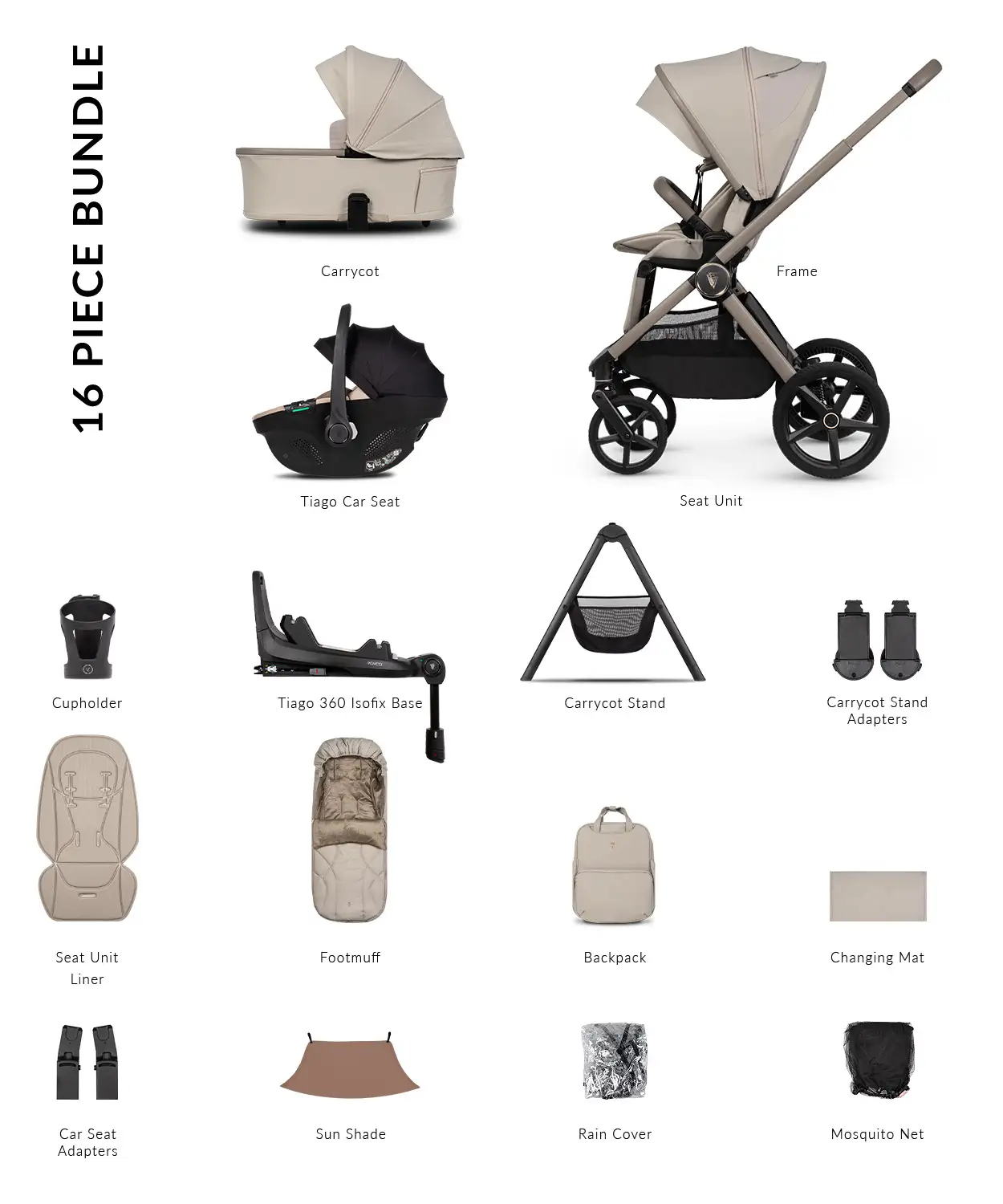 Venicci Upline 3 Pebble Pram Ultimate Bundle 4 in 1 - Tiago Beige - Image 2