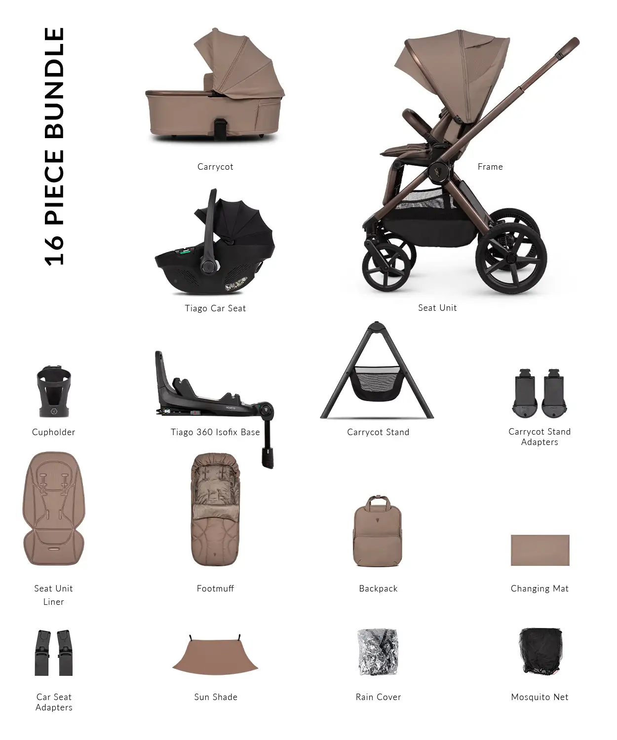 Venicci Upline 3 Sand Pram Ultimate Bundle 4 in 1 - Tiago Black