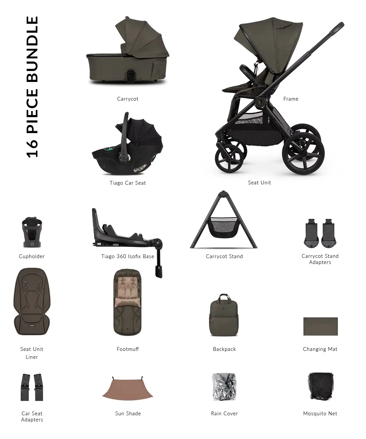 Venicci Upline 3 Truffle Pram Ultimate Bundle 4 in 1 - Tiago Black
